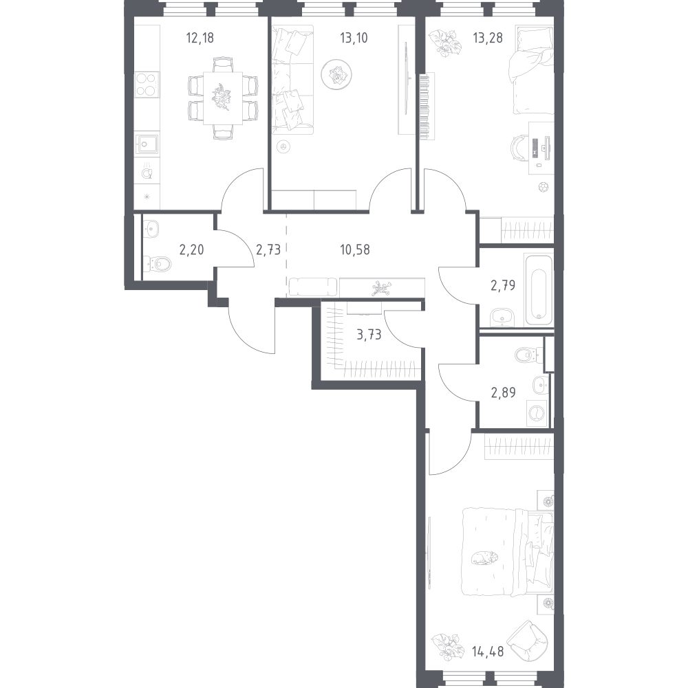 3-комнатная 77 м2 в ЖК Космический Квартал корпус null этаж 3