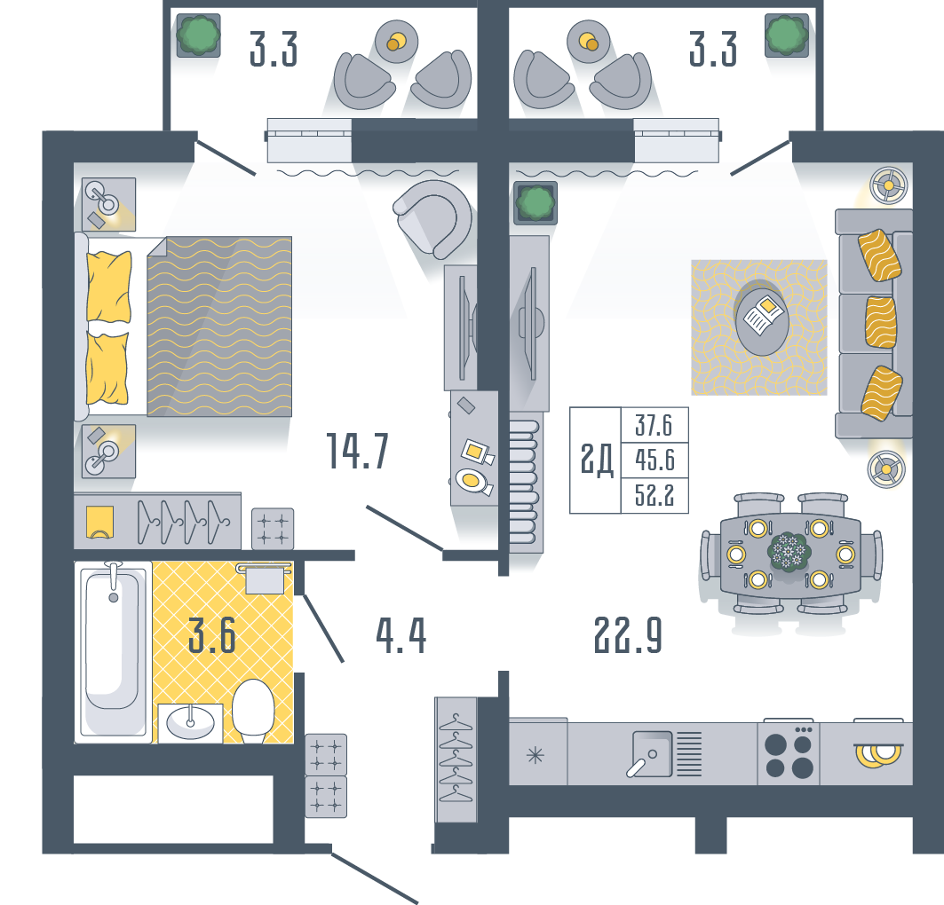 1-комнатная 52 м2 в ЖК Солнечный город корпус null этаж 3