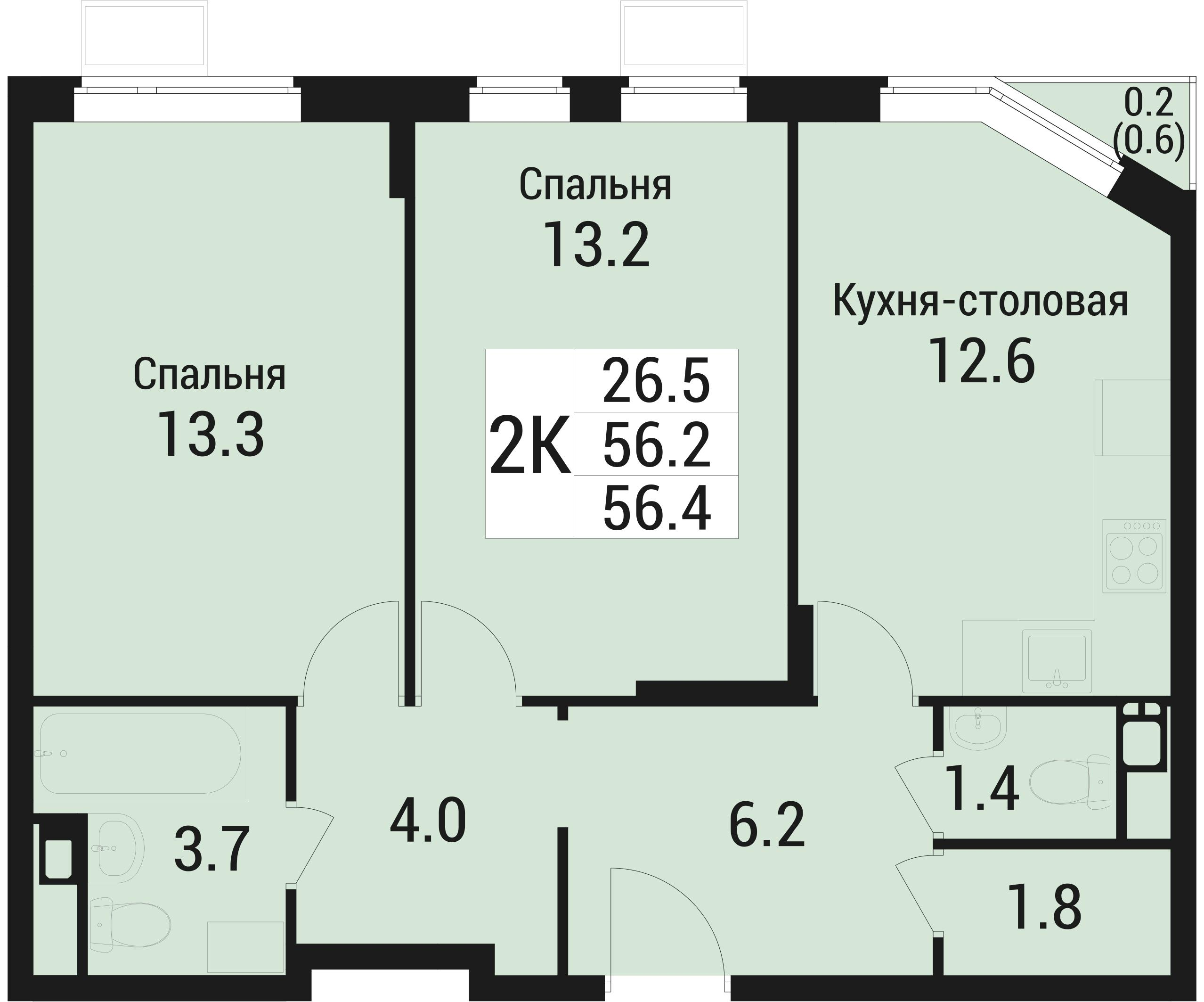 2-комнатная 56 м2 в ЖК Дом в Малаховке корпус null этаж 4