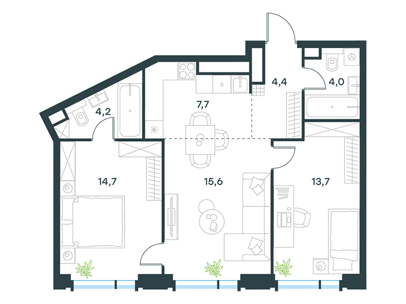 3-комнатная 64 м2 в ЖК Level Академическая корпус null этаж 17