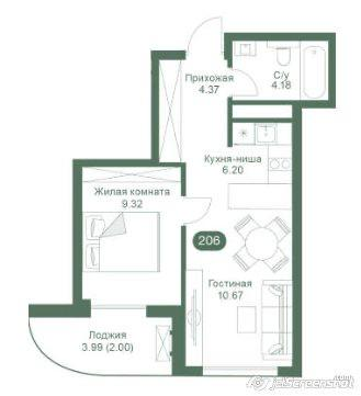 1-комнатная 36.4 м2 в ЖК undefined корпус null этаж 3