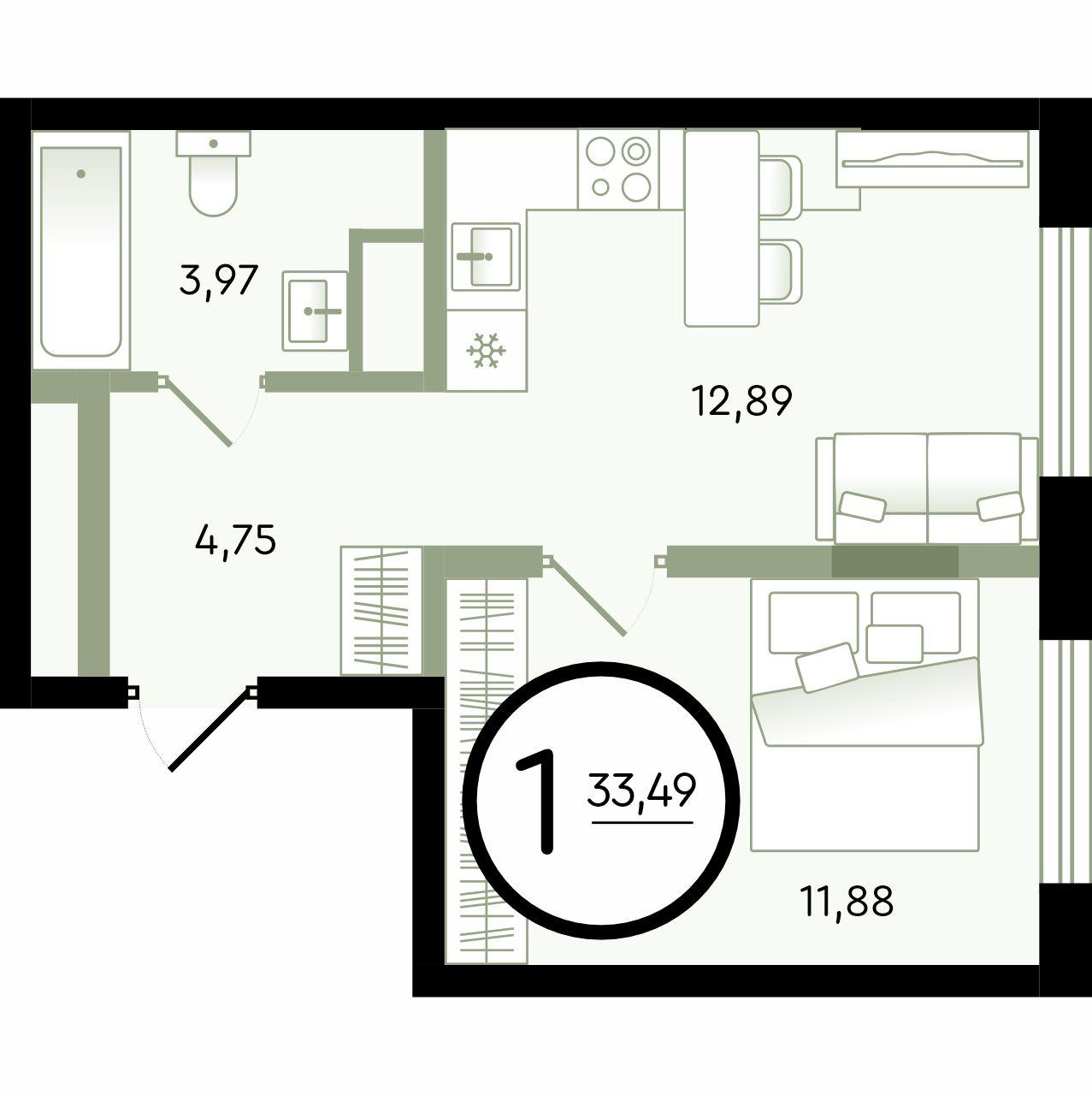 1-комнатная 33 м2 в ЖК Зеленые Аллеи корпус null этаж 3