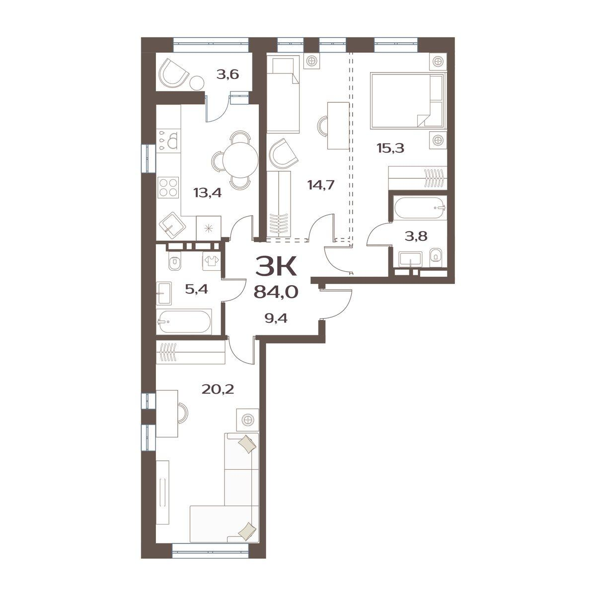 3-комнатная 82 м2 в ЖК Меридианы Улисса корпус null этаж 9