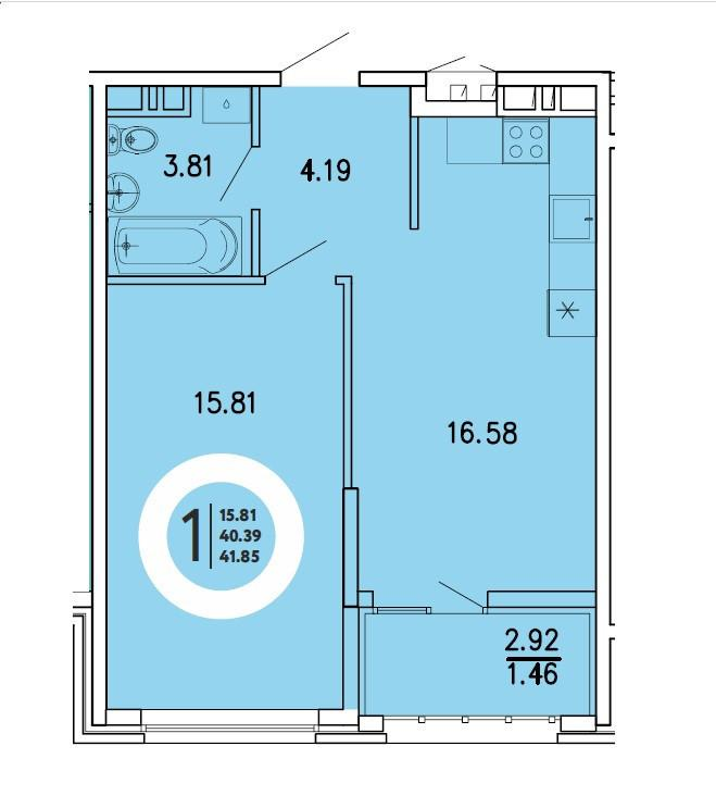 1-комнатная 41.9 м2 в ЖК undefined корпус null этаж 4
