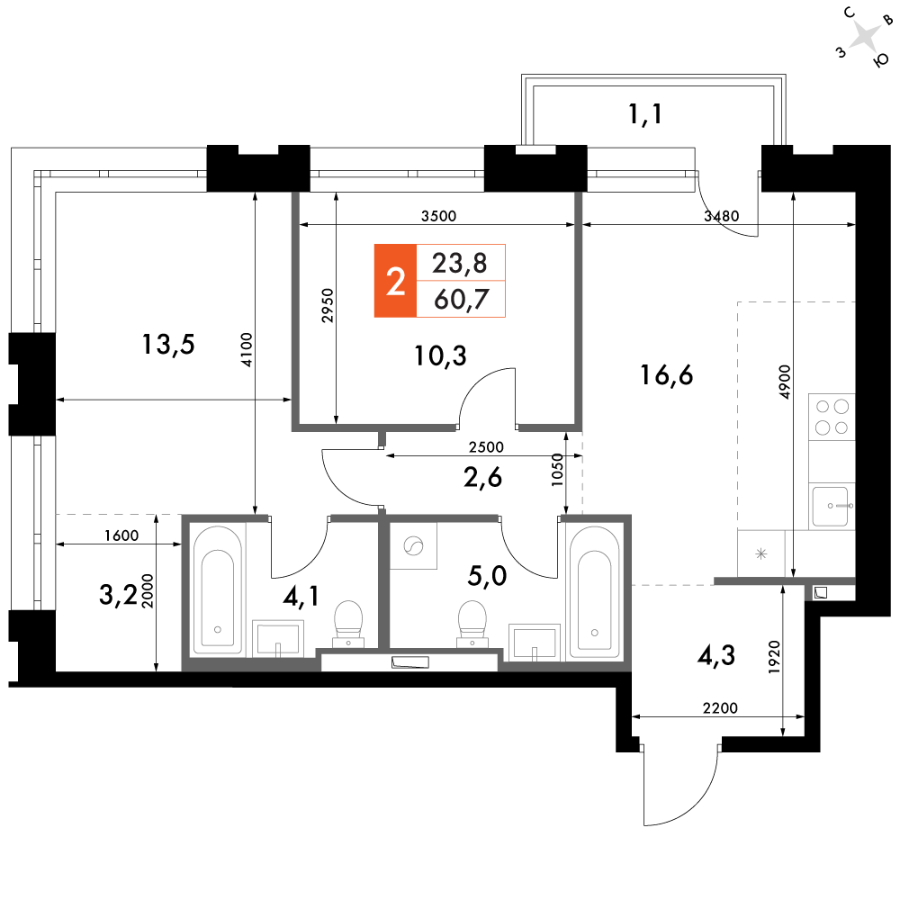 2-комнатная 60 м2 в ЖК Философия корпус null этаж 7