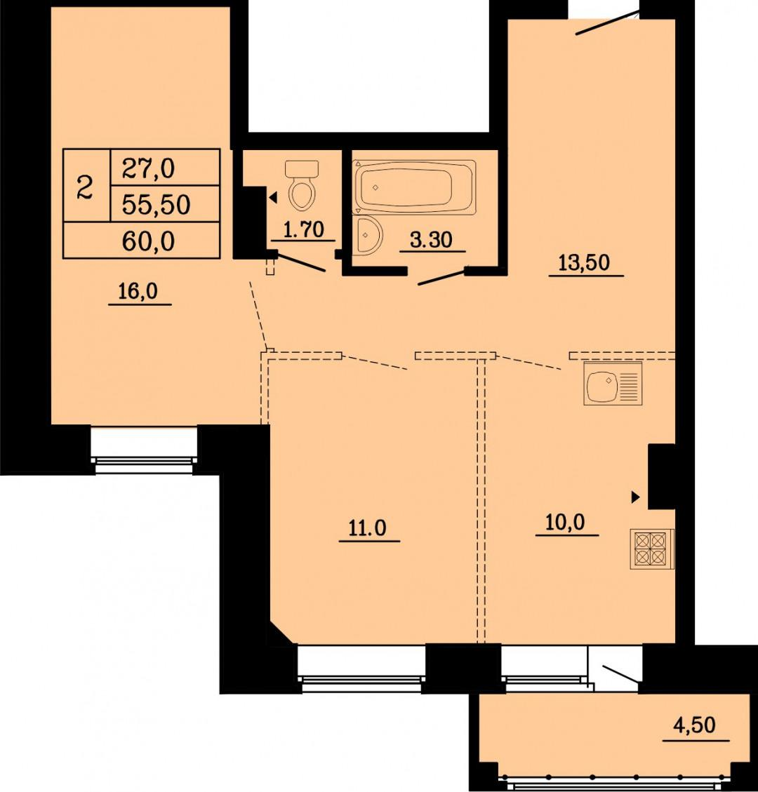 2-комнатная 60 м2 в ЖК undefined корпус null этаж 6