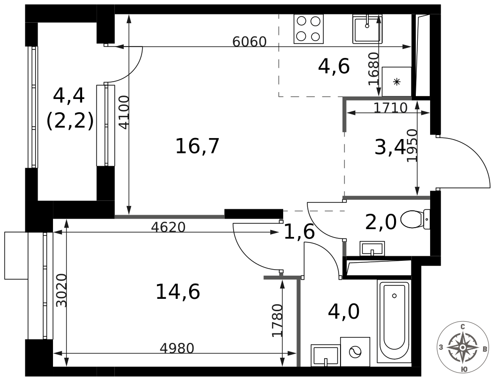 2-комнатная 49 м2 в ЖК 1-й Саларьевский корпус null этаж 22