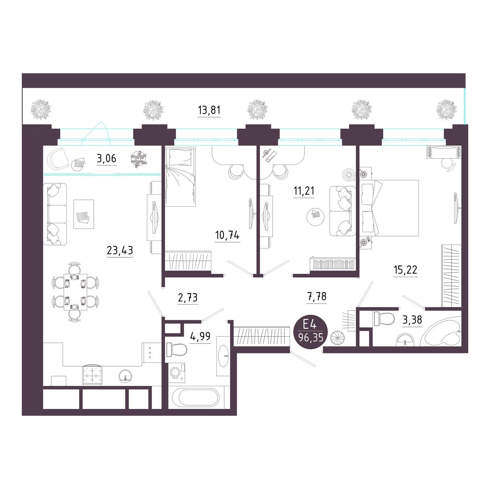 3-комнатная 96 м2 в ЖК Крылья корпус null этаж 2