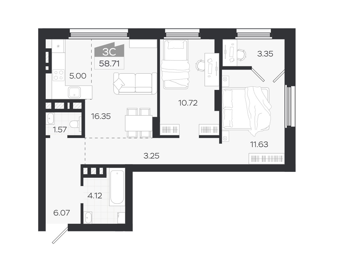 3-комнатная 58.4 м2 в ЖК undefined корпус null этаж 24