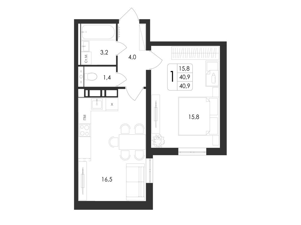 1-комнатная 40 м2 в ЖК Май корпус null этаж 1