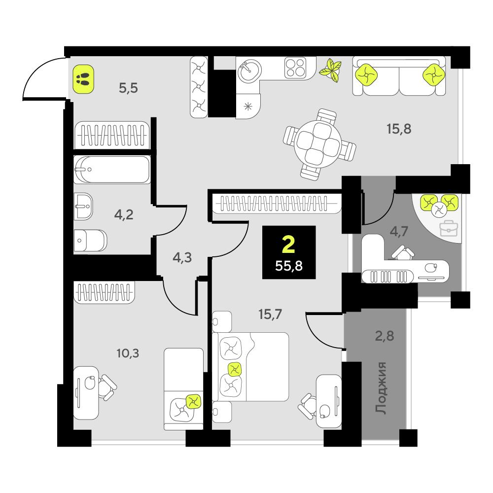 2-комнатная 55 м2 в ЖК Мотивы корпус null этаж 5