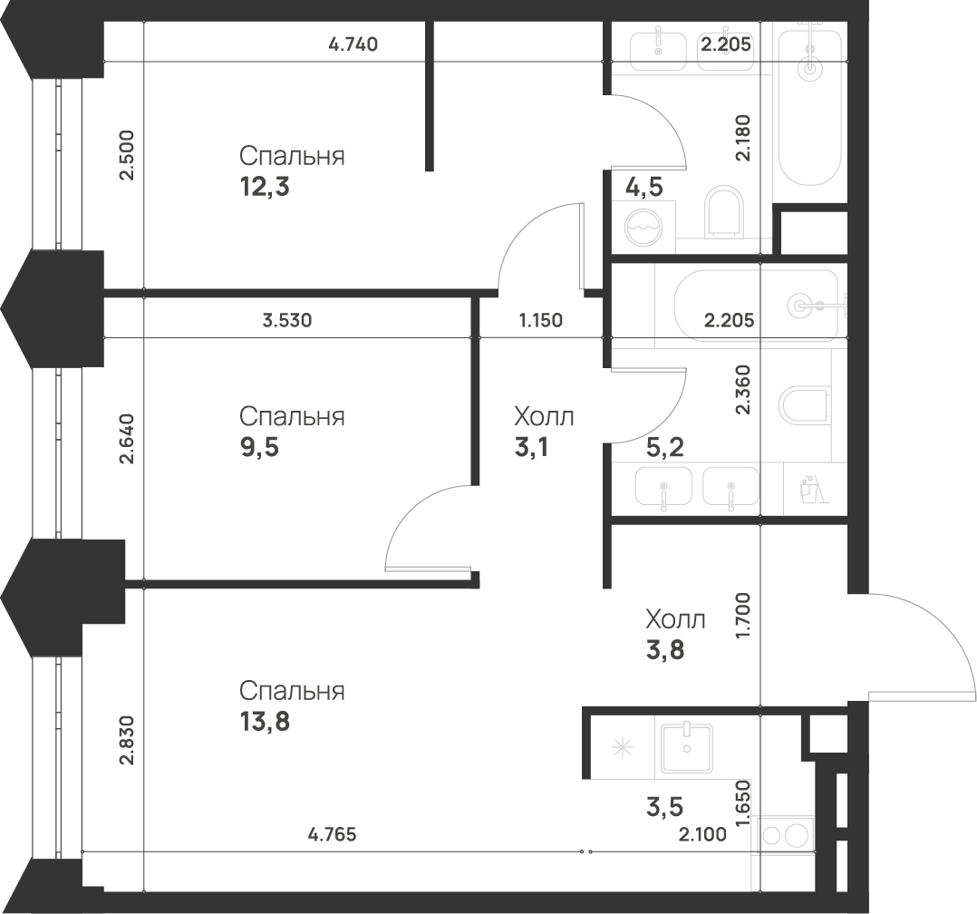 2-комнатная 55 м2 в ЖК Voice Towers корпус null этаж 24