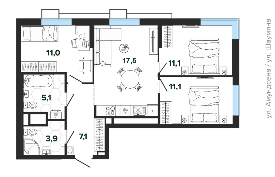 3-комнатная 65.5 м2 в ЖК undefined корпус null этаж 24