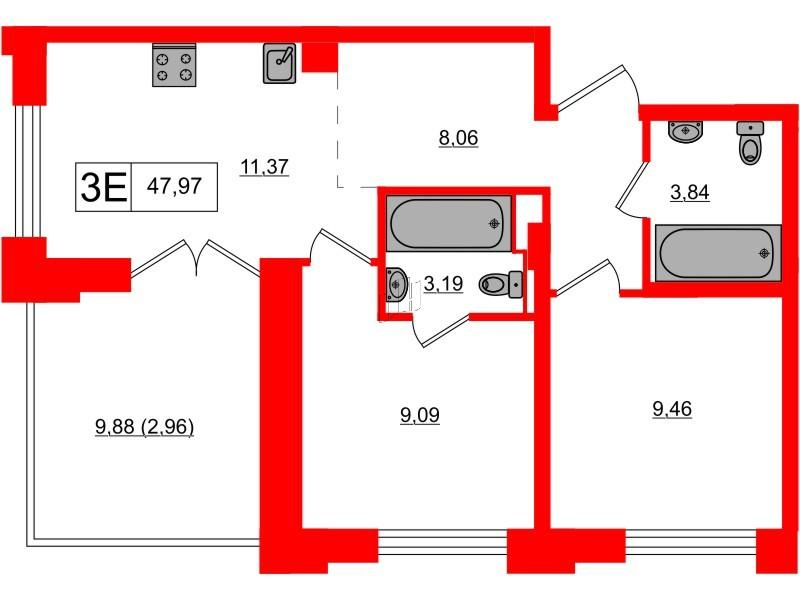 2-комнатная 45 м2 в ЖК Alpen корпус null этаж 9