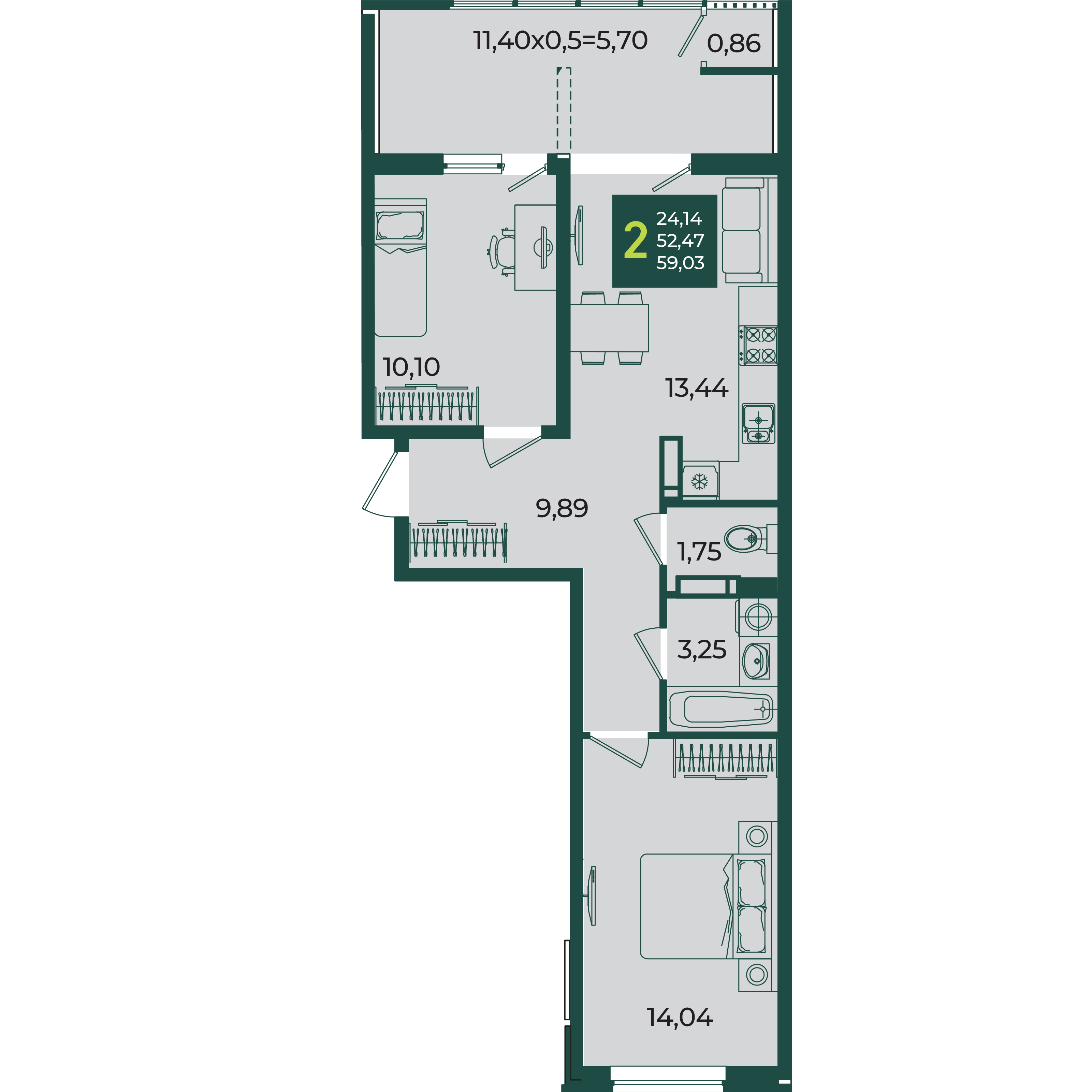 2-комнатная 59 м2 в ЖК Образцово корпус null этаж 10