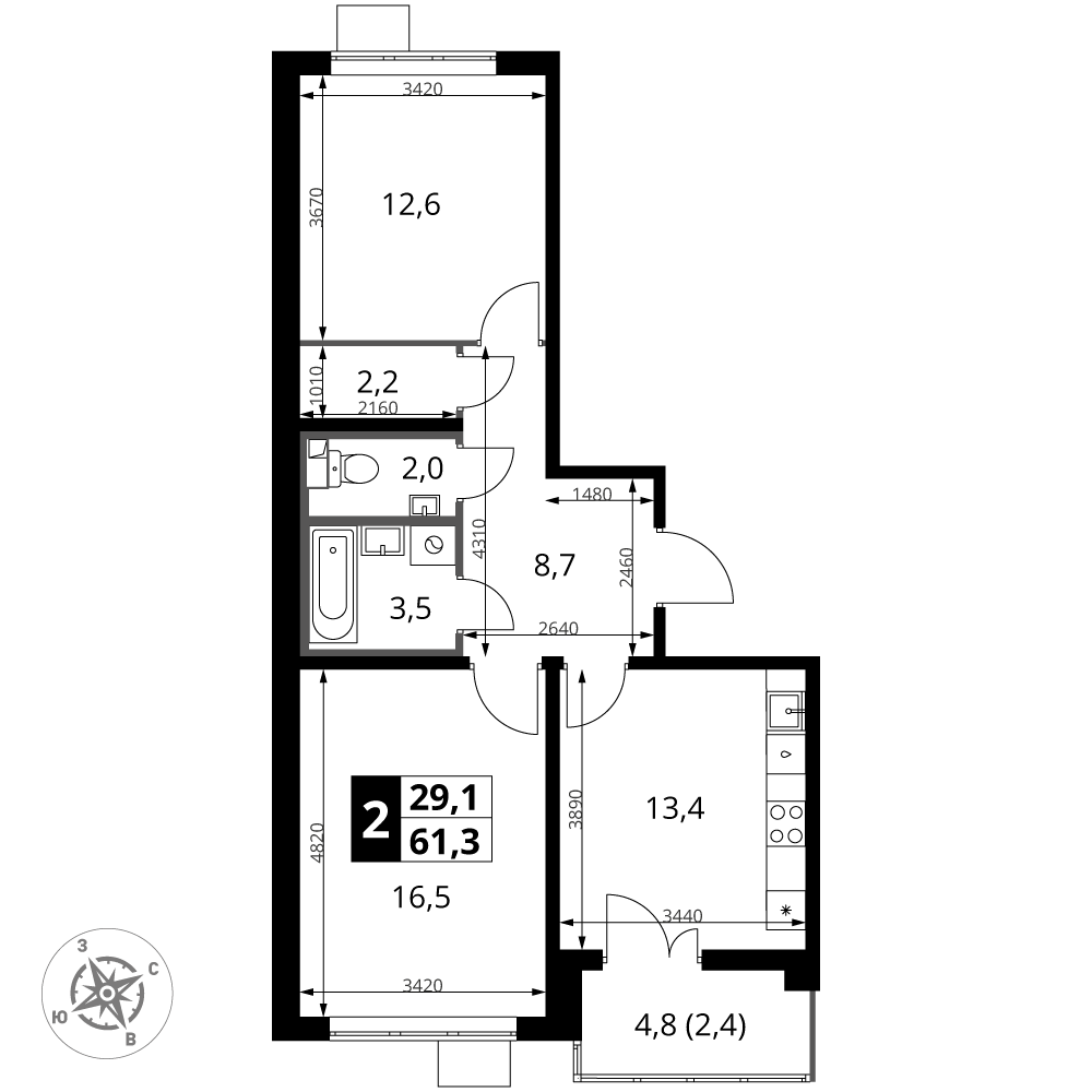 2-комнатная 61 м2 в ЖК 1-й Южный корпус null этаж 12
