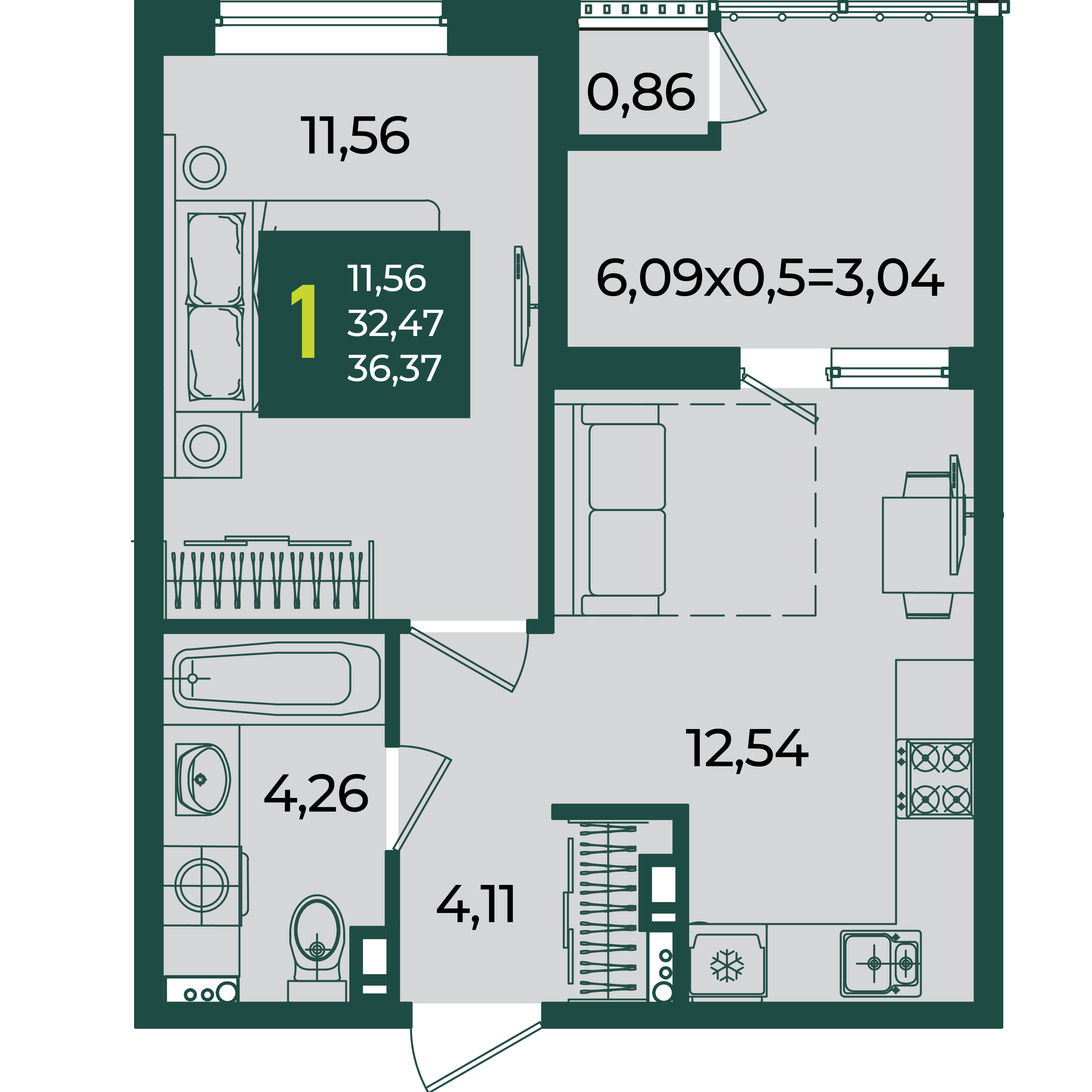 1-комнатная 36 м2 в ЖК Образцово корпус null этаж 17