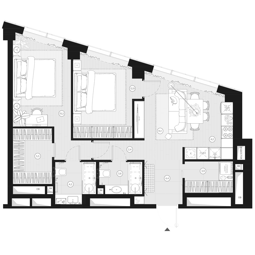 2-комнатная 70 м2 в ЖК Родина парк корпус null этаж 28