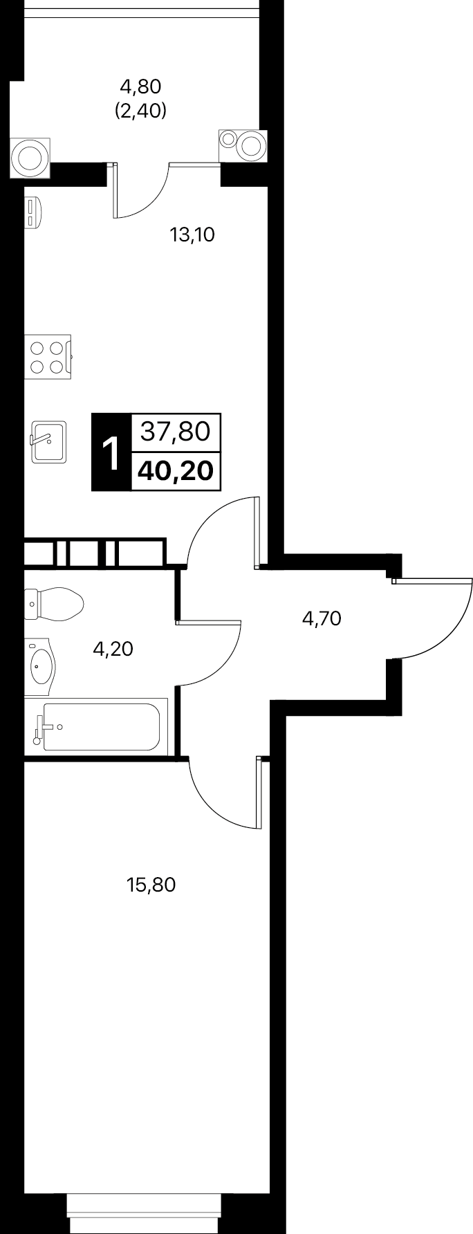 1-комнатная 40 м2 в ЖК Эстет корпус null этаж 12