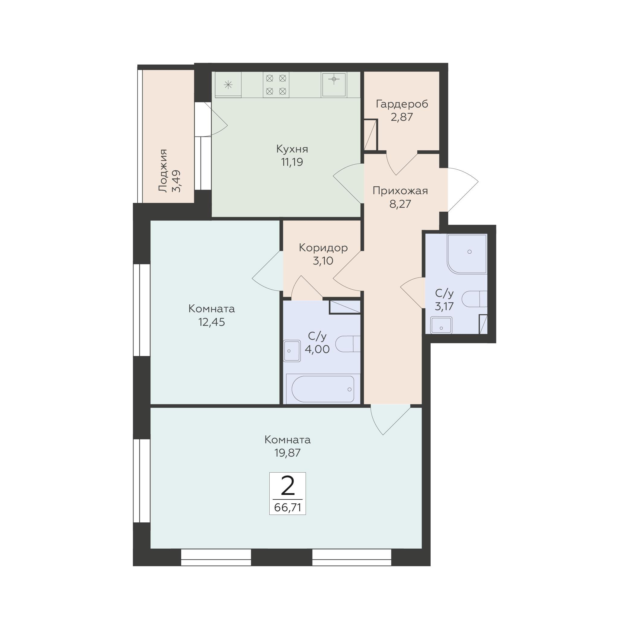 2-комнатная 66 м2 в ЖК Романовский корпус null этаж 11