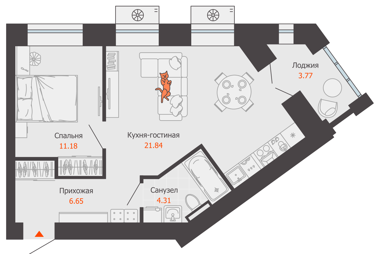 2-комнатная 46 м2 в ЖК Зарядное корпус null этаж 3