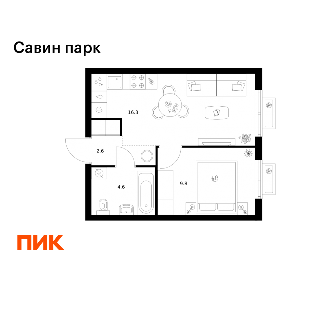 1-комнатная 33 м2 в ЖК Савин парк корпус null этаж 13