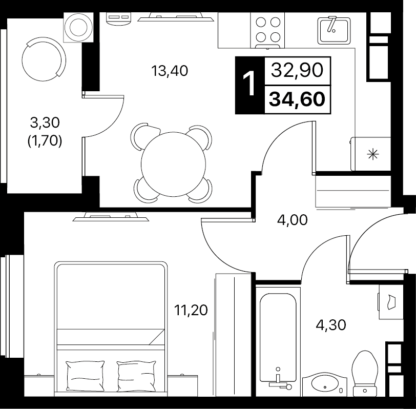 1-комнатная 34 м2 в ЖК Эстет корпус null этаж 12