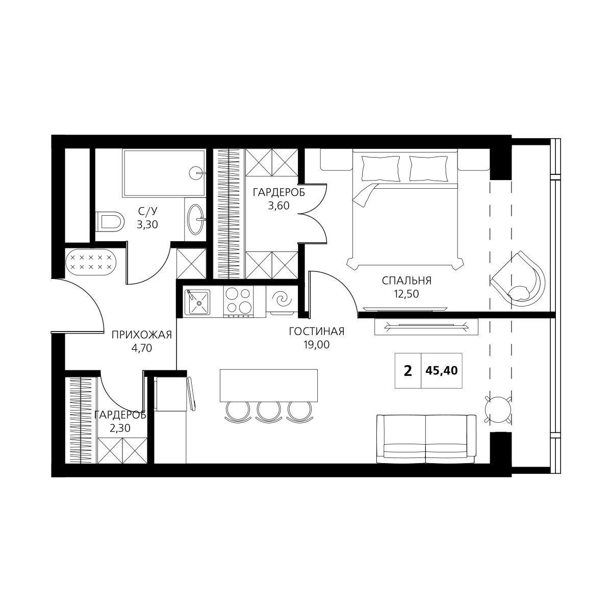 2-комнатная 45 м2 в ЖК Аксис Центр корпус null этаж 8