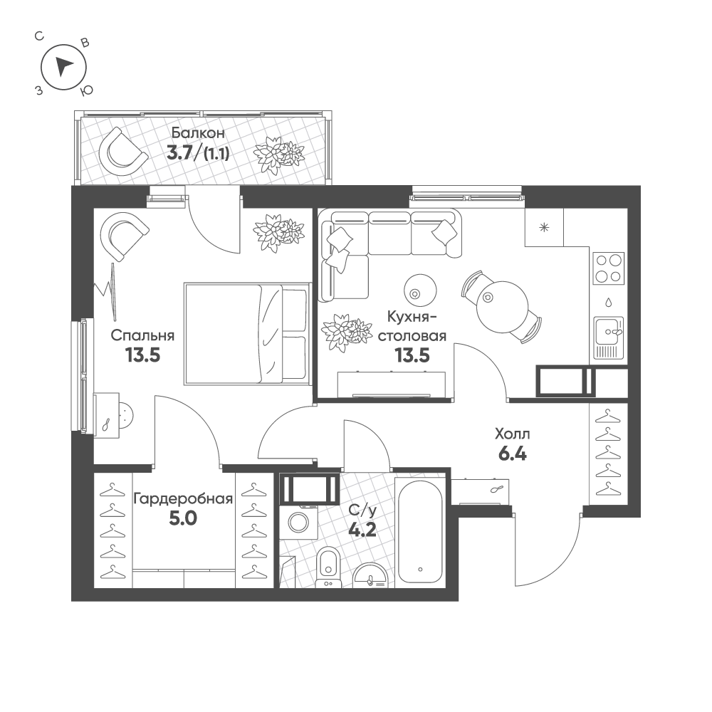 1-комнатная 43 м2 в ЖК Клюква.Парк корпус null этаж 11