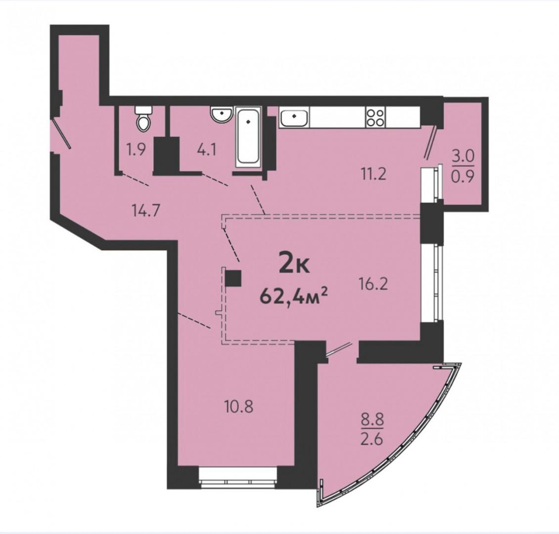 2-комнатная 62.4 м2 в ЖК undefined корпус null этаж 15