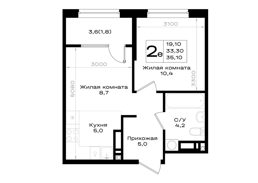 2-комнатная 35 м2 в ЖК Придонье корпус null этаж 7