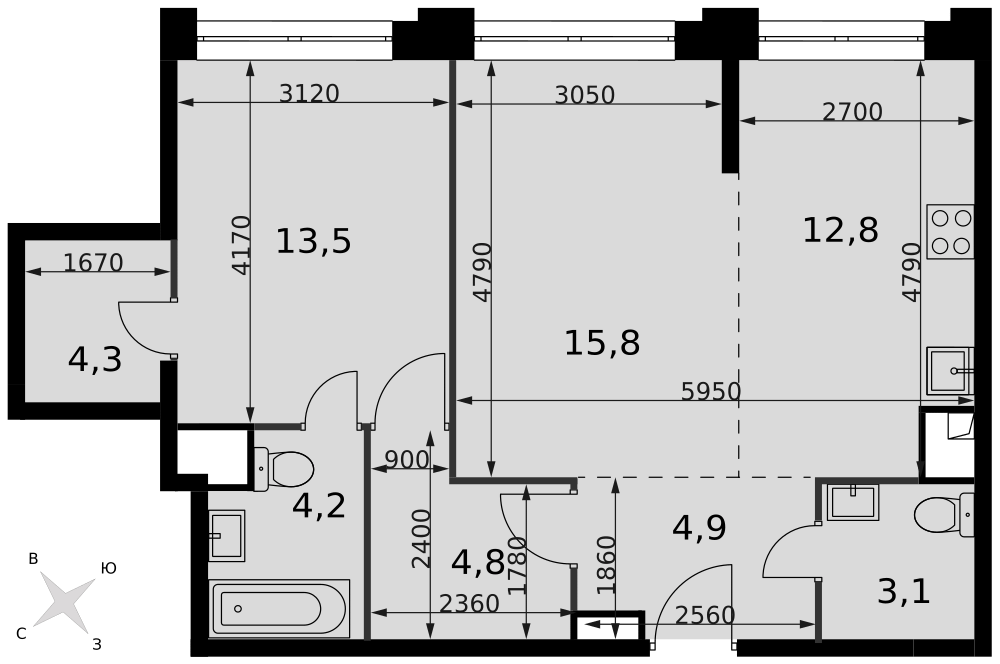 2-комнатная 63 м2 в ЖК Sydney City корпус null этаж 32