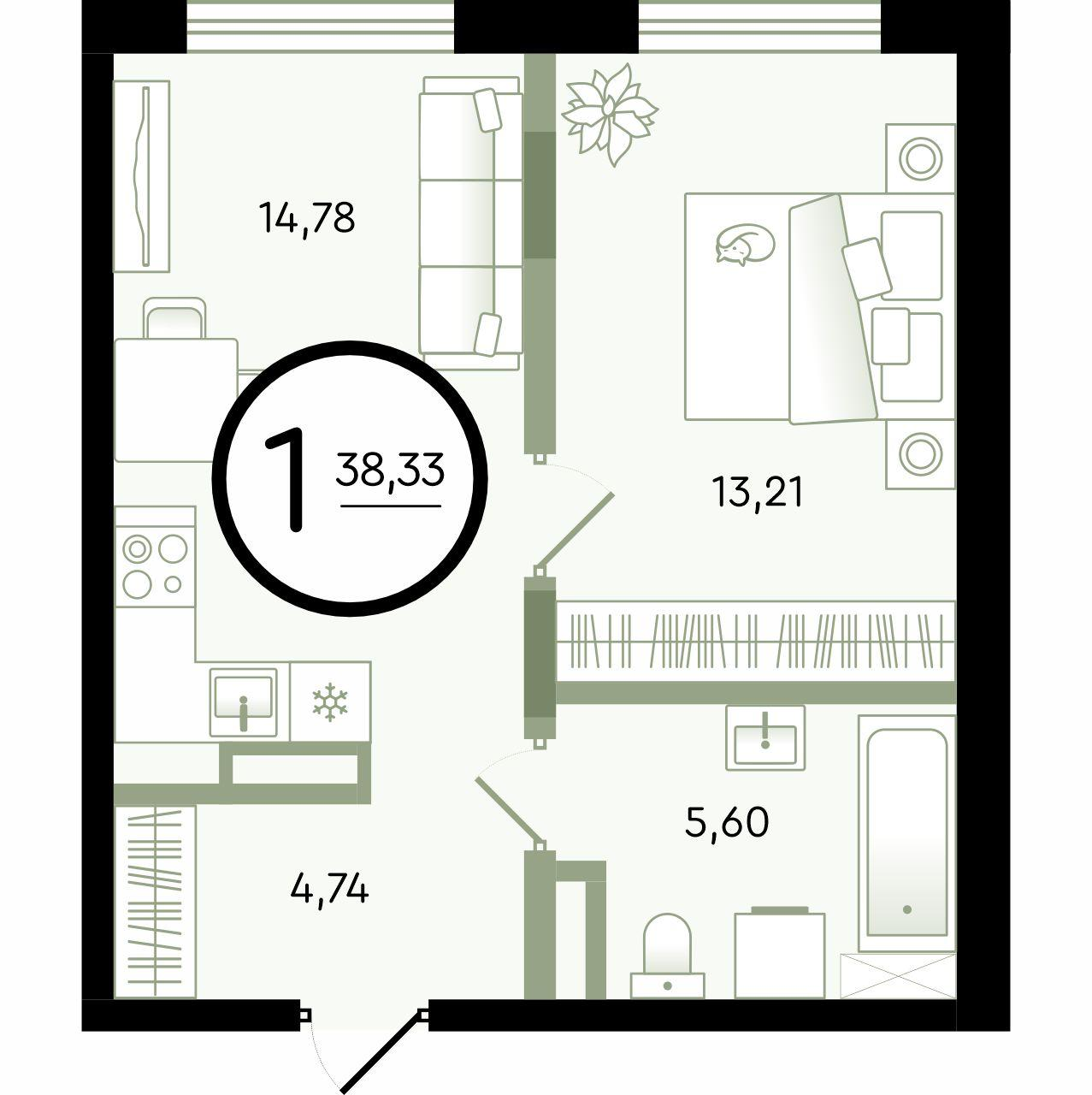 1-комнатная 38 м2 в ЖК Зеленые Аллеи корпус null этаж 2