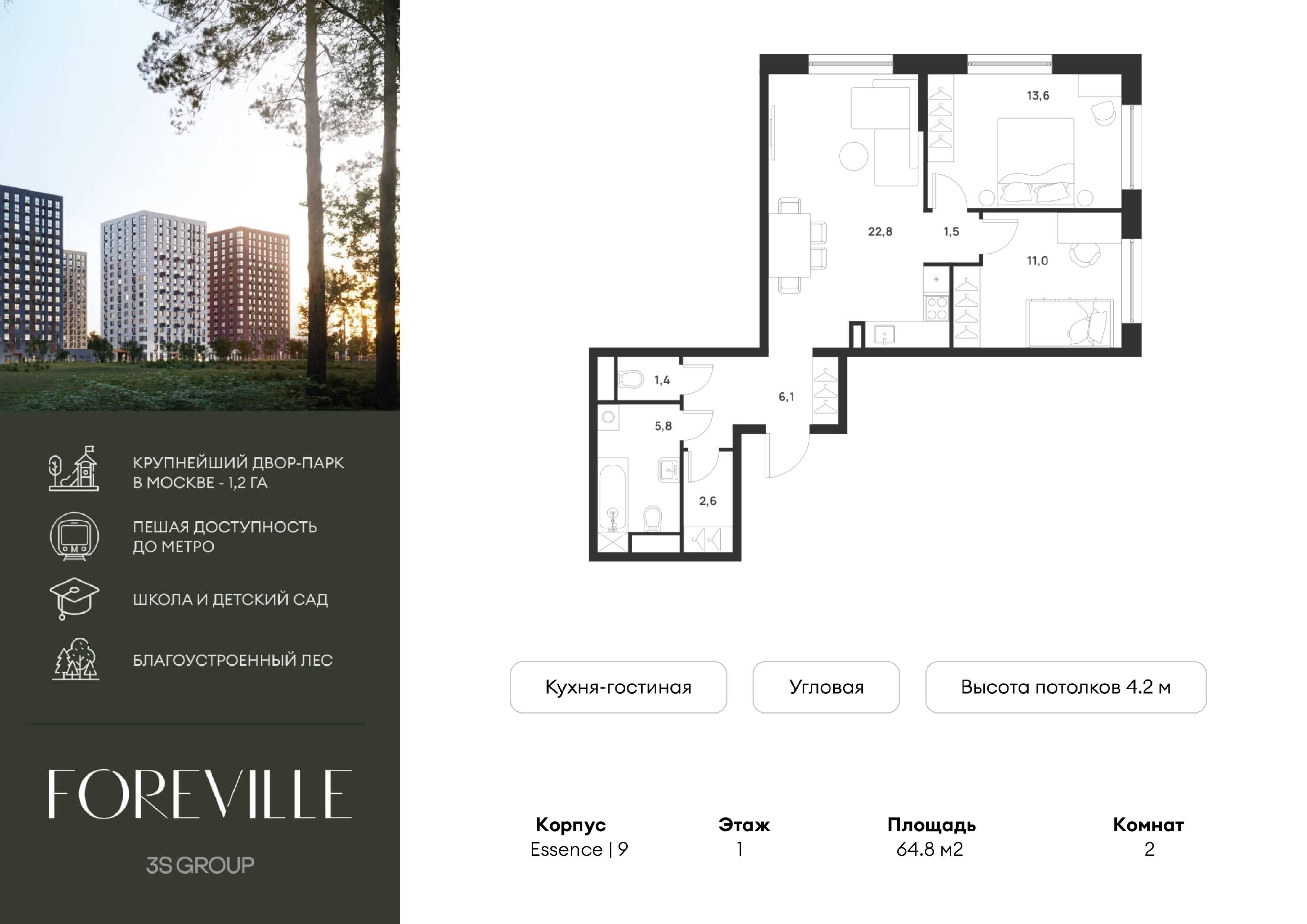 2-комнатная 64 м2 в ЖК Foreville корпус null этаж 1