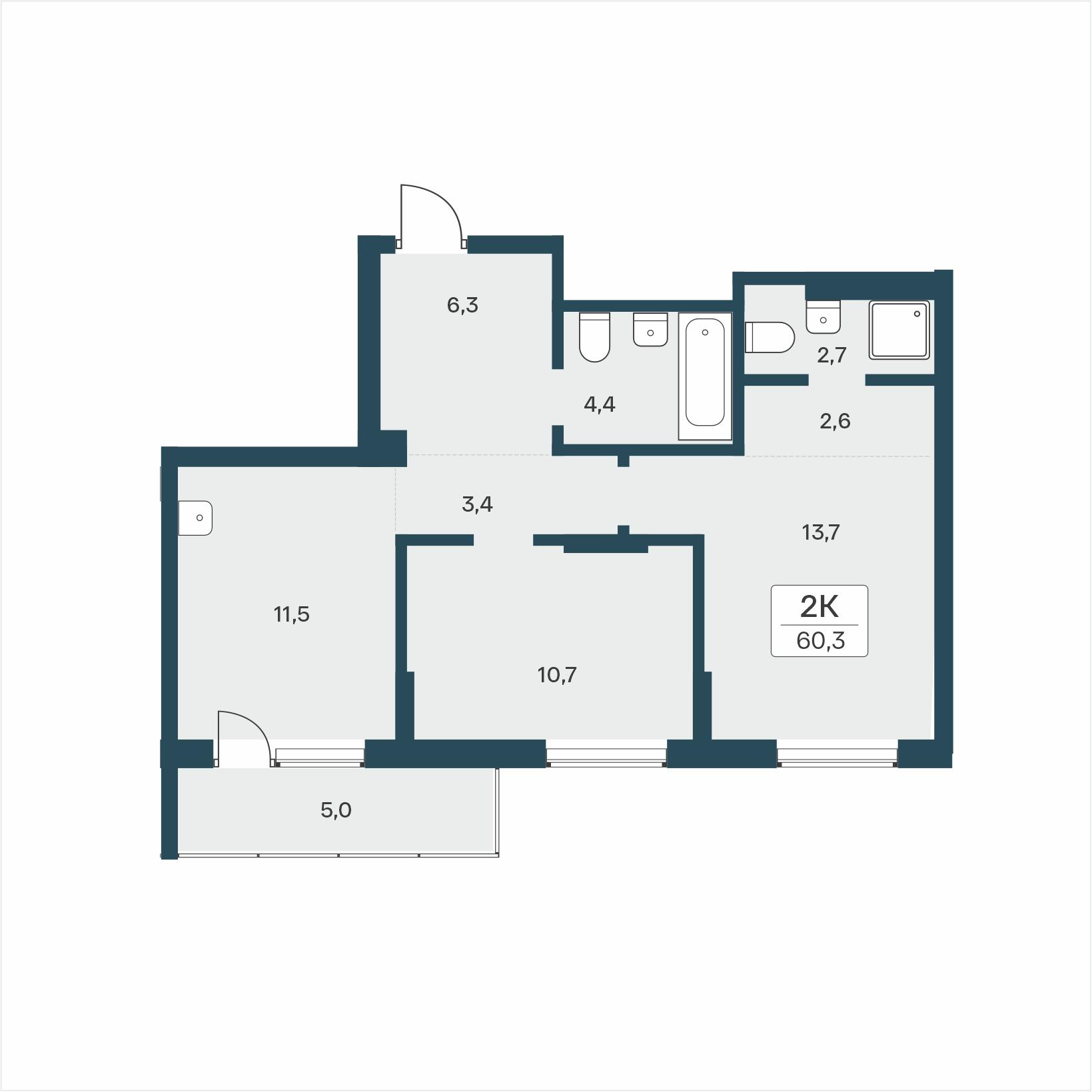 2-комнатная 60 м2 в ЖК Расцветай на Учительской корпус null этаж 12