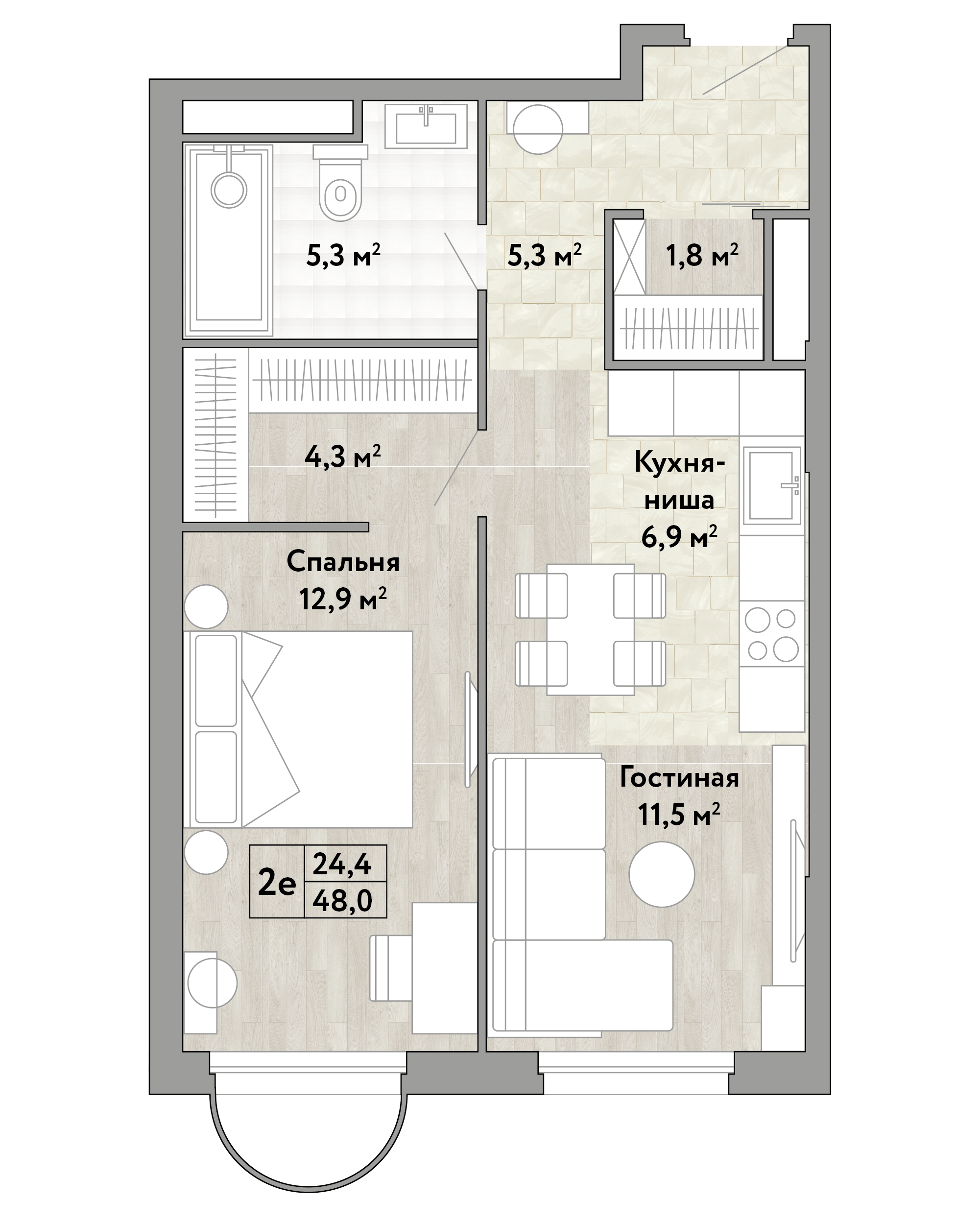 1-комнатная 48 м2 в ЖК Новые Смыслы корпус null этаж 4