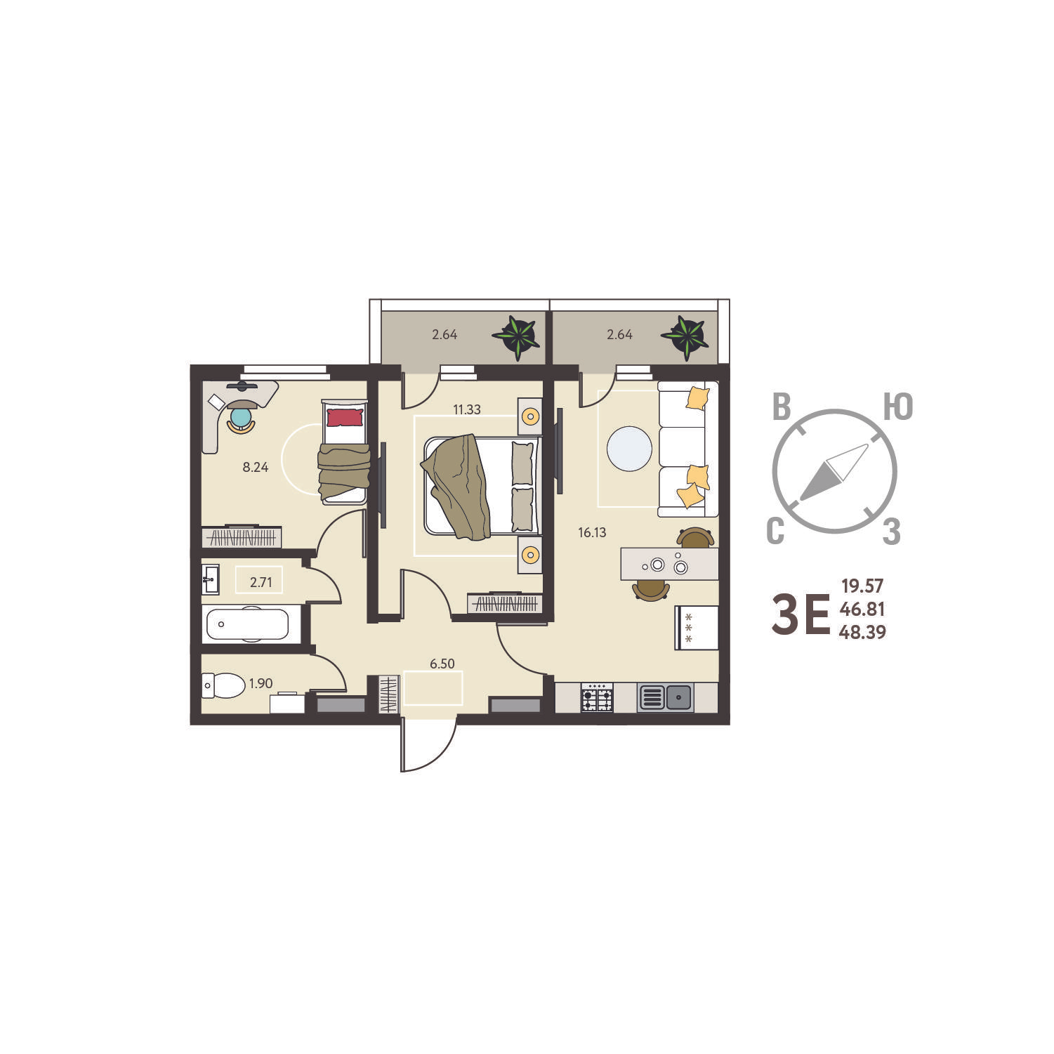 2-комнатная 48 м2 в ЖК Инстеп.Сити корпус null этаж 4