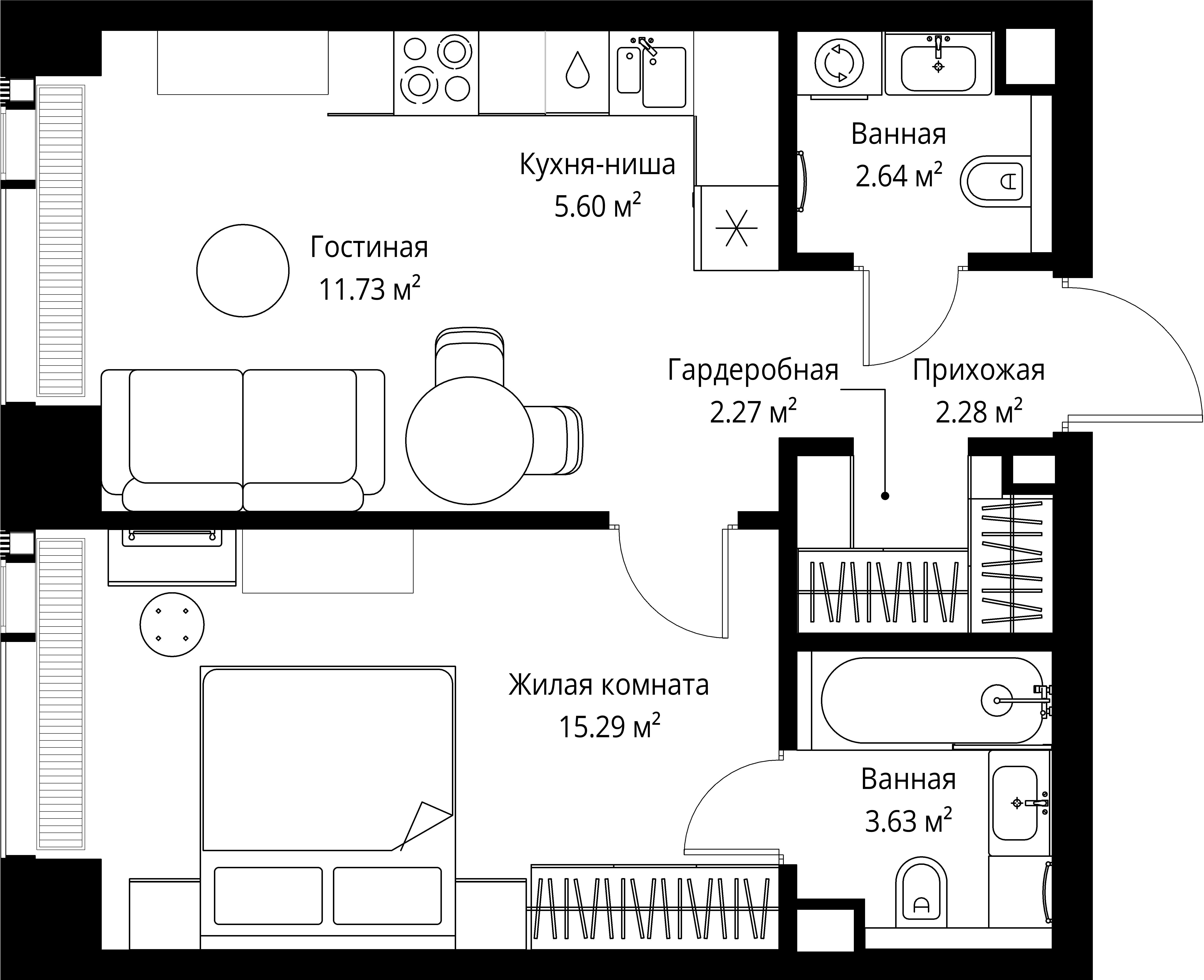 1-комнатная 43 м2 в ЖК ВЕЕР корпус null этаж 46