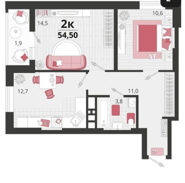 2-комнатная 54.5 м2 в ЖК undefined корпус null этаж 9