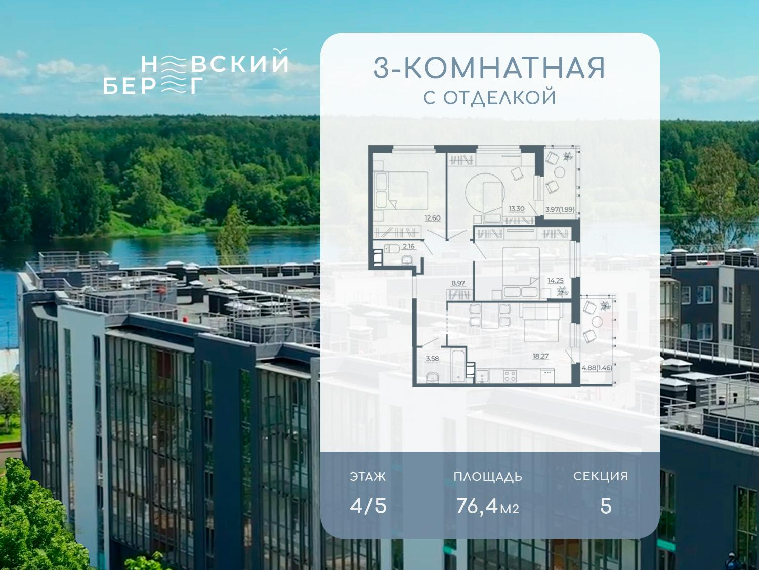 3-комнатная 76 м2 в ЖК Невский берег (Дубровка) корпус null этаж 4