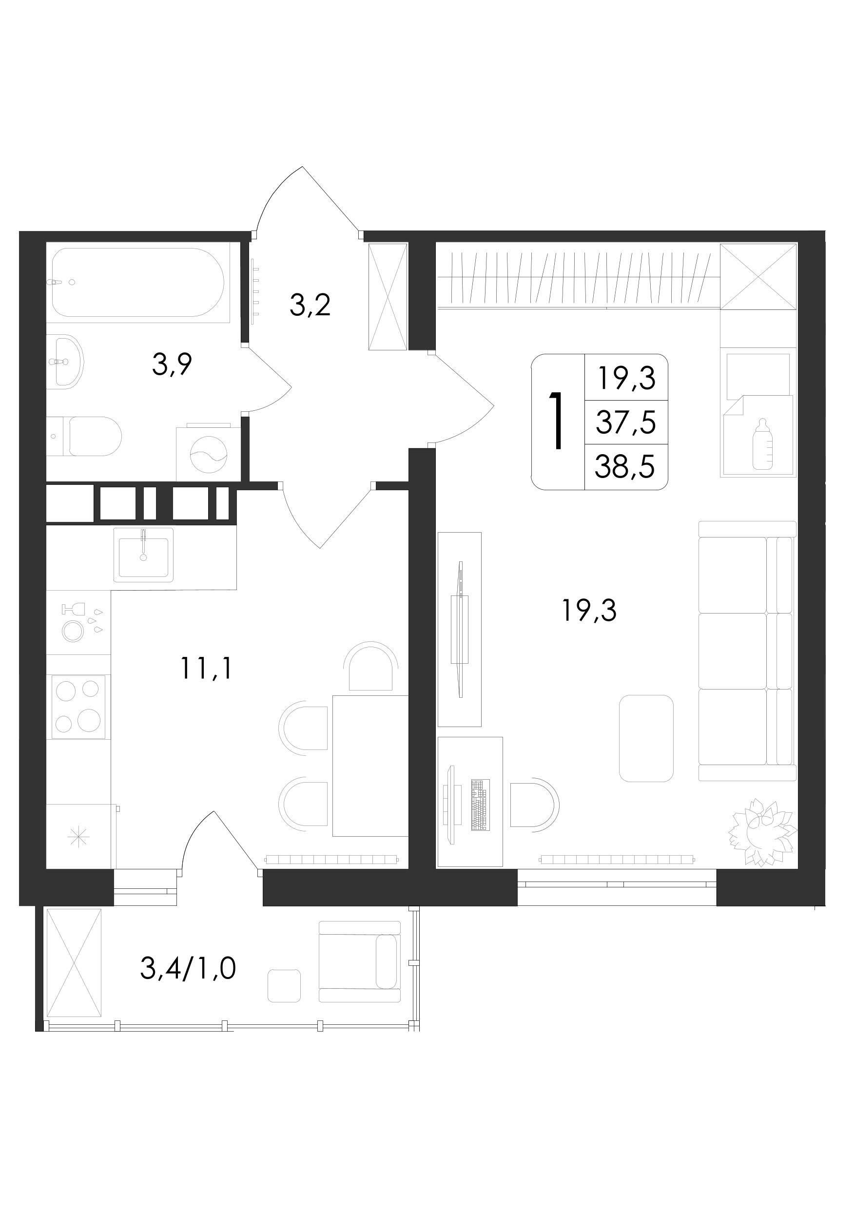 1-комнатная 38 м2 в ЖК Новое Отрадное корпус null этаж 8