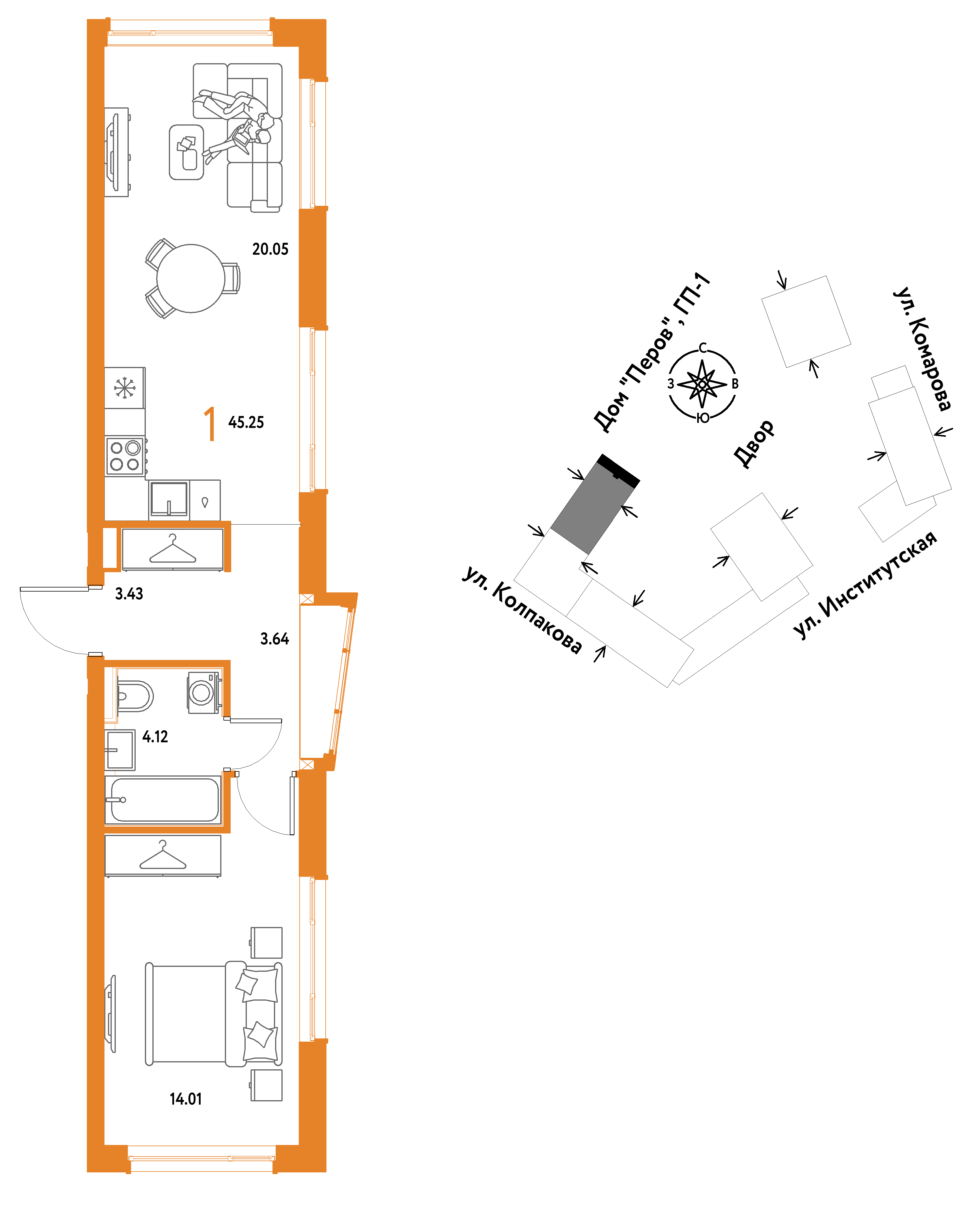 1-комнатная 45 м2 в ЖК Страна.Парковая корпус null этаж 13