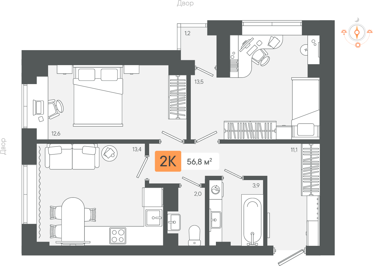 2-комнатная 56 м2 в ЖК Zori корпус null этаж 3