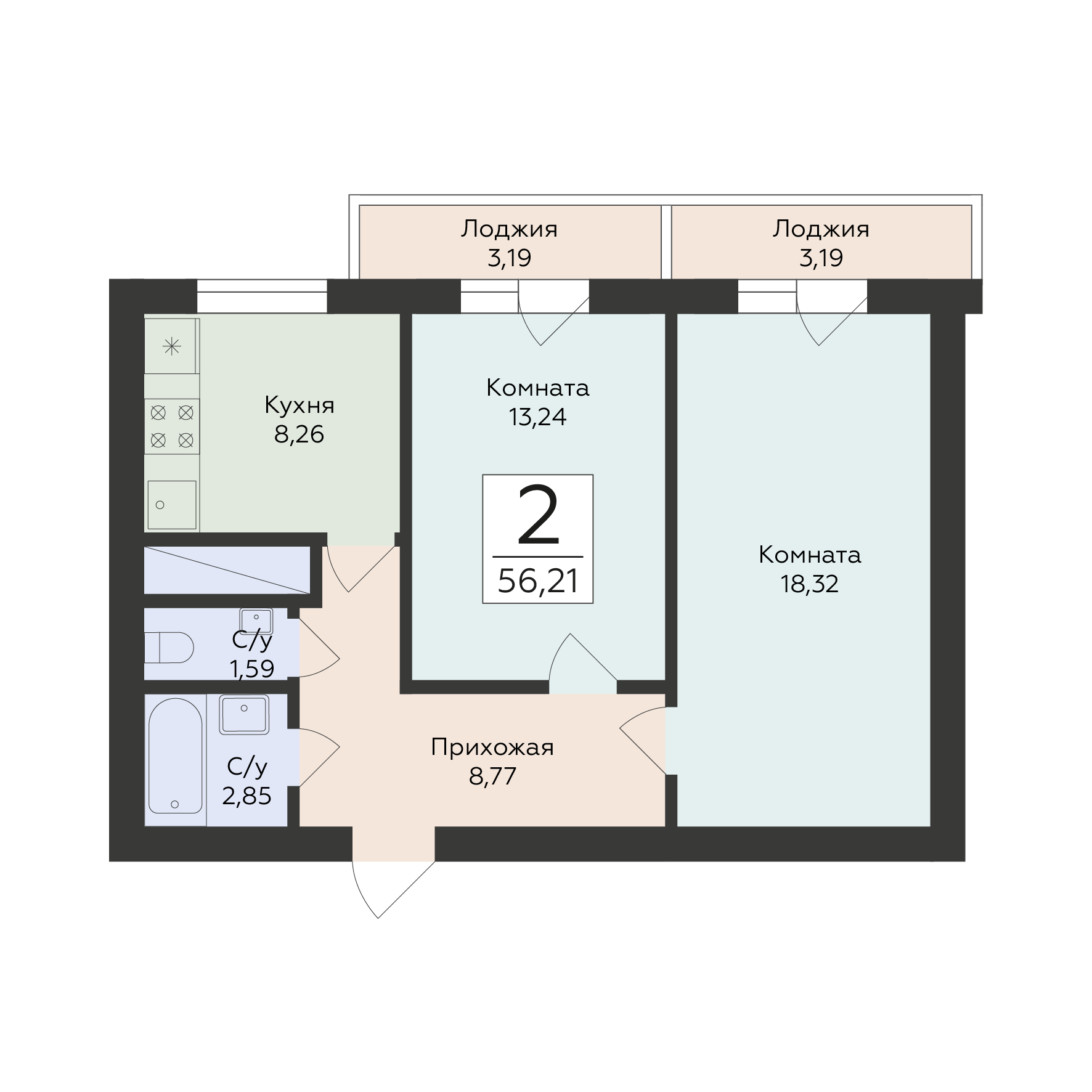 2-комнатная 56 м2 в ЖК Юность корпус null этаж 15