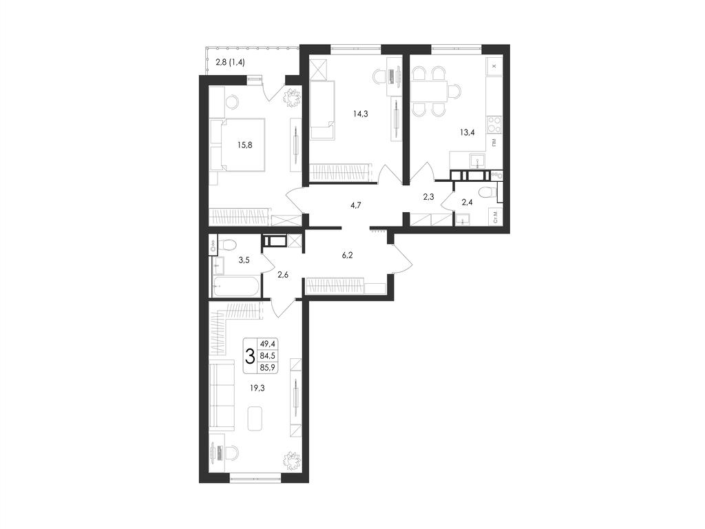 3-комнатная 85 м2 в ЖК Май корпус null этаж 12