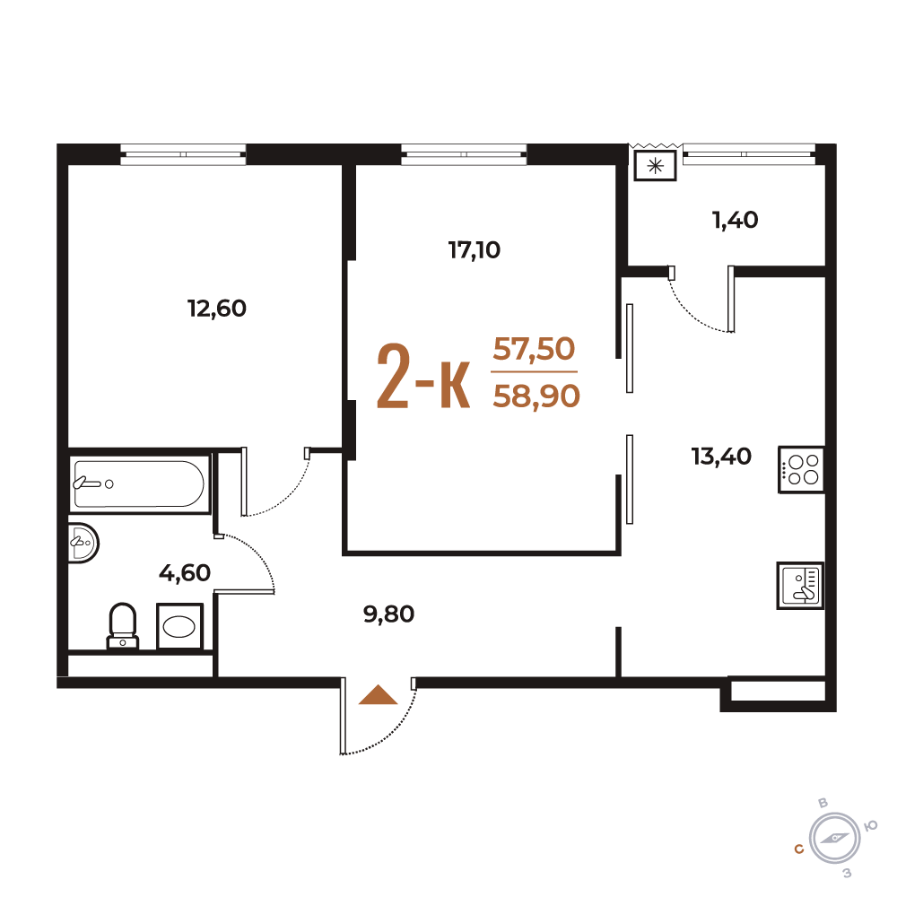 2-комнатная 58 м2 в ЖК Новое Летово корпус null этаж 3