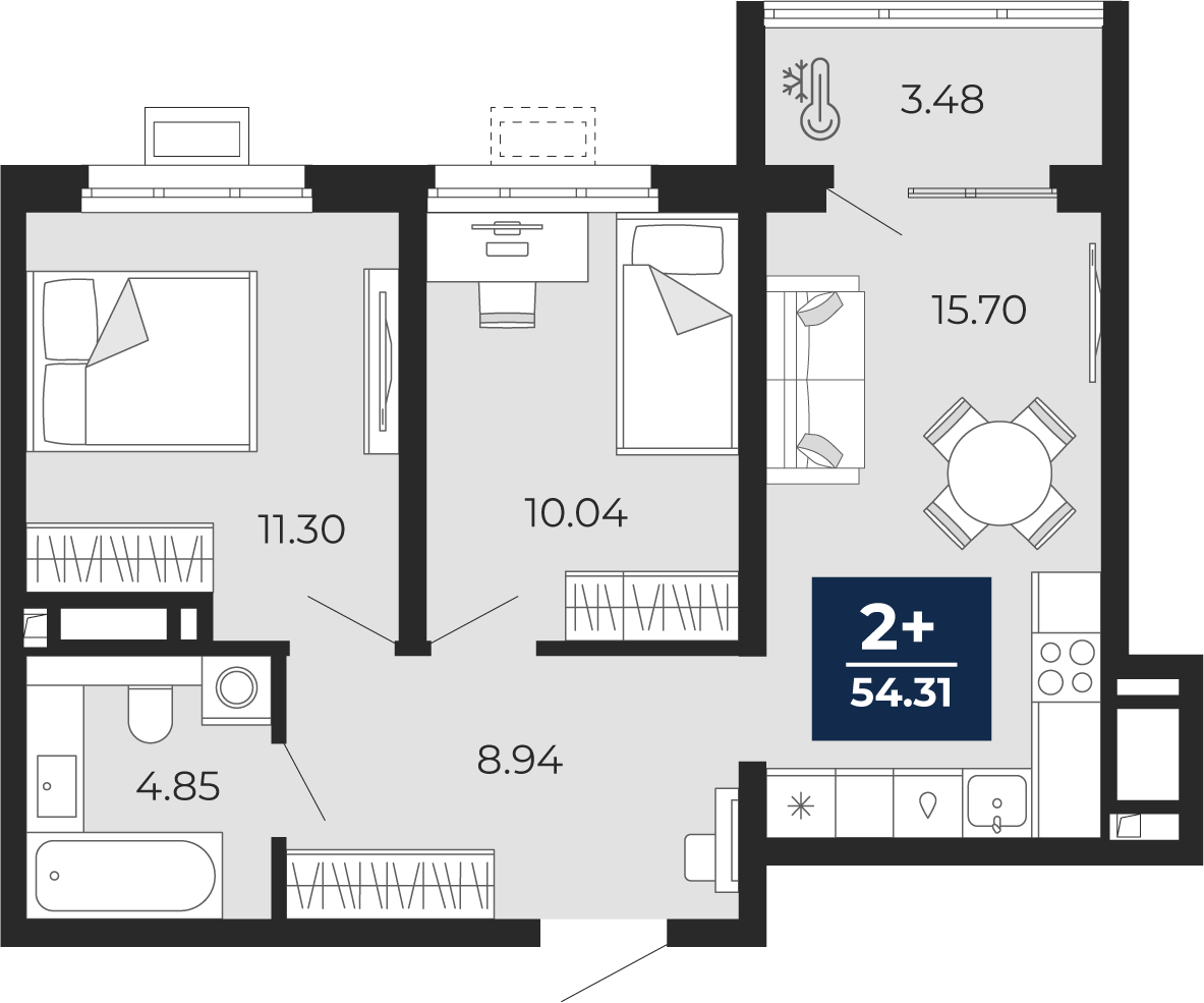 2-комнатная 50 м2 в ЖК Беринг корпус null этаж 7