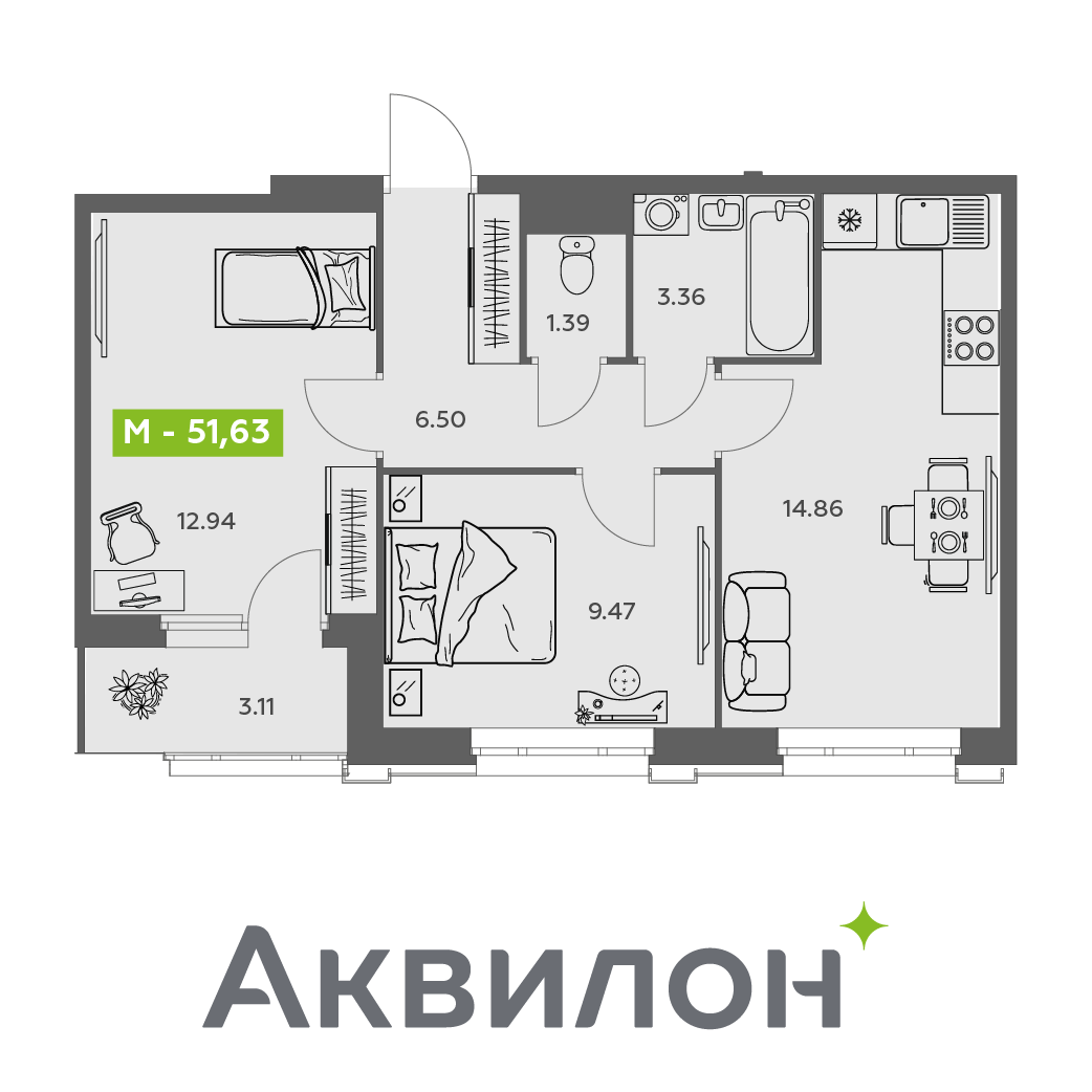 Студия 51 м2 в ЖК Аквилон АКВАРТАЛ корпус null этаж 11