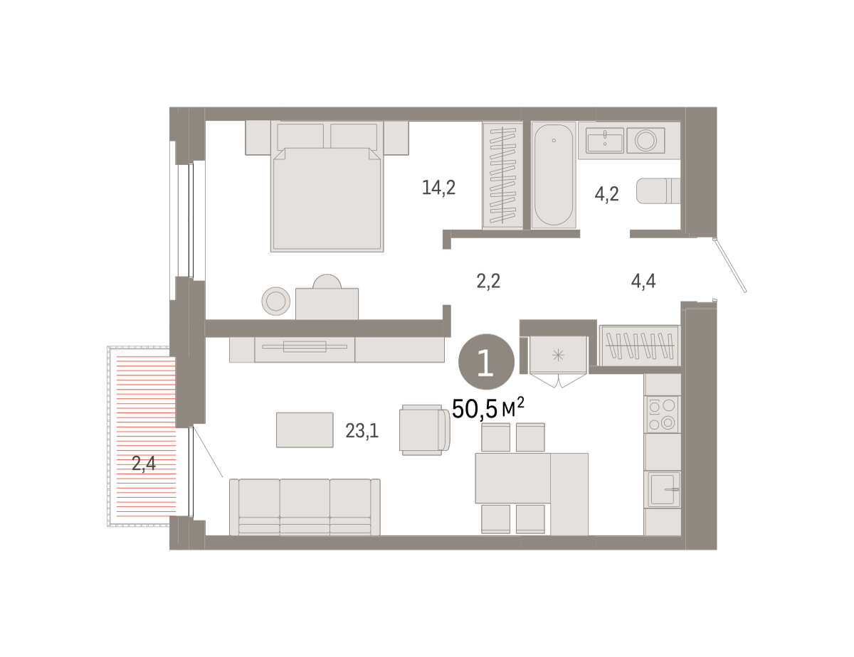 1-комнатная 50 м2 в ЖК Зарека корпус null этаж 2