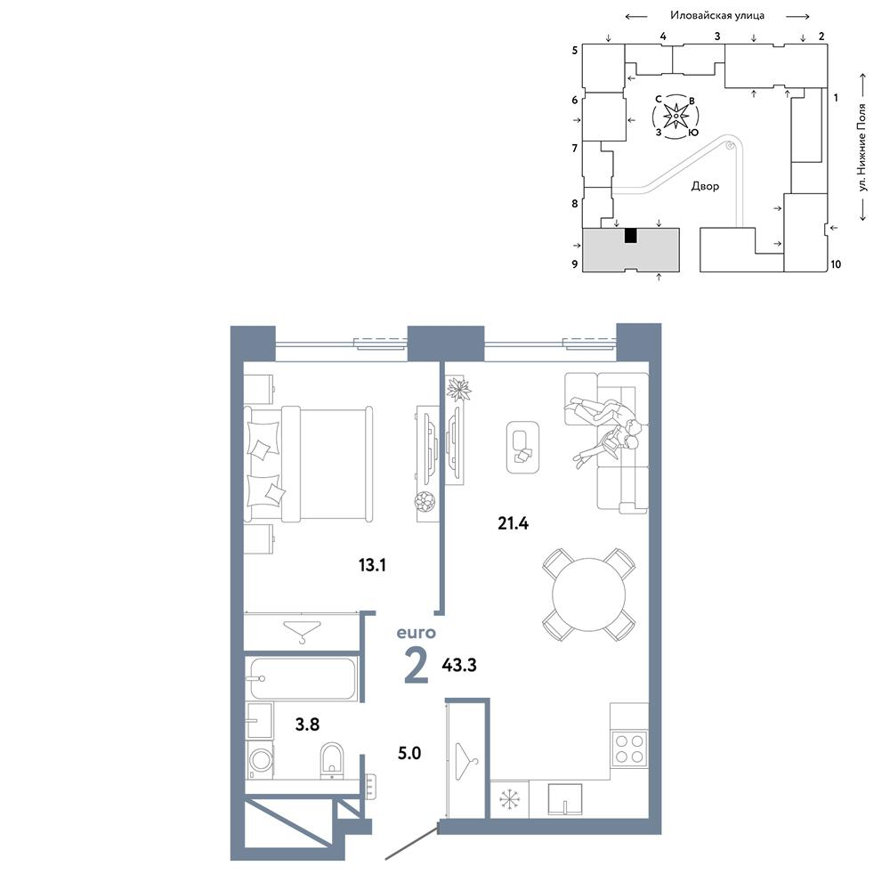 2-комнатная 43 м2 в ЖК Страна.Заречная корпус null этаж 23